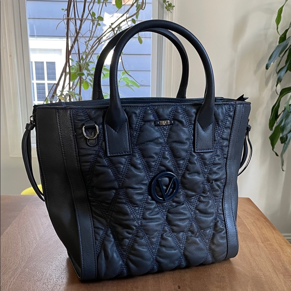 Mario Valentino Charmont Matelasse Leather Tote Bag, Navy — NWT